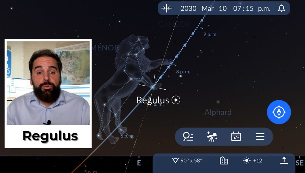 Mercury, fleeting, approaches Regulus, the "heart of the Lion". Regulus is a blue-white star, 150 times more luminous than the Sun, and actually a quadruple system.