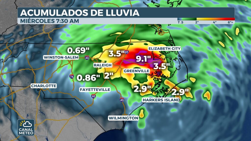 Cumulative rainfall in North Carolina