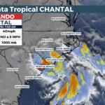 Momento en que la tormenta tropical Chantal ha tocado tierra