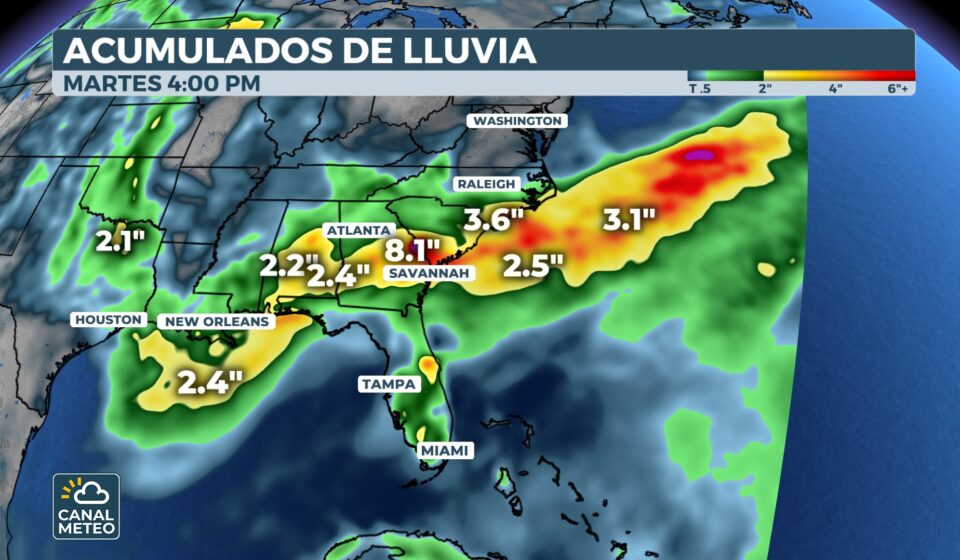 Acumulados de lluvia en los próximos 4 días en el sureste de EEUU