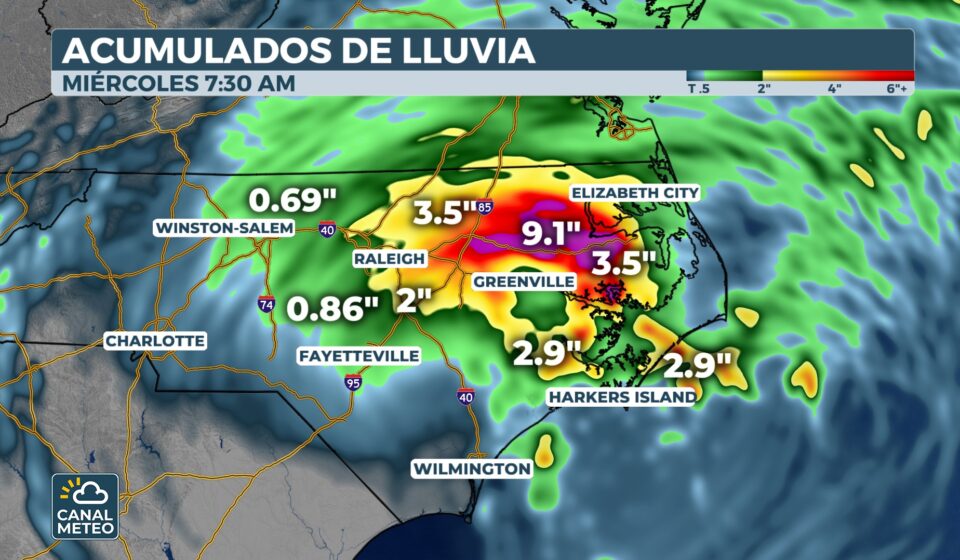 Lluvia acumulable en Carolina del Norte